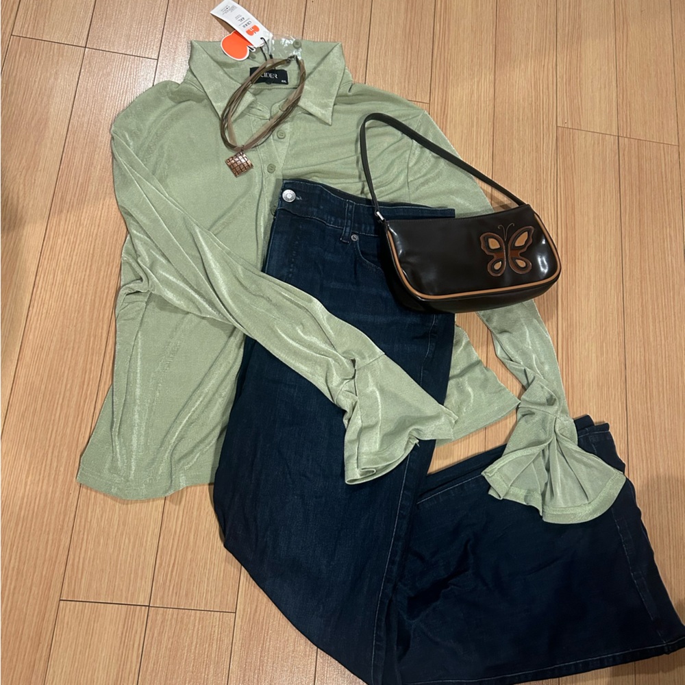 Cider Shimmery Sage Green Collared Top